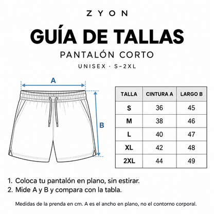 Guía visual de tallas unisex del pantalón corto ZYON, de S a 2XL. Ancho de cintura medido en plano y largo exterior.
