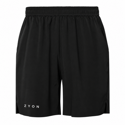 Pantalón corto unisex ZYON COURT BLACK negro, vista frontal con logo blanco